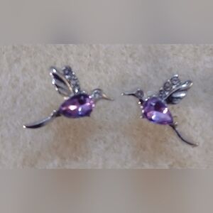 NWT Silver and Amethyst Hummingbird Stud Earrings.